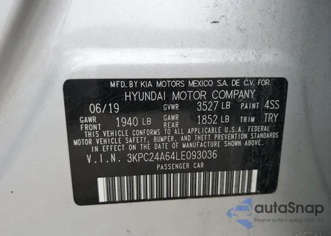 2020 Hyundai Accent Se z USA, uszkodzony, nr VIN 3KPC24A64LE093036